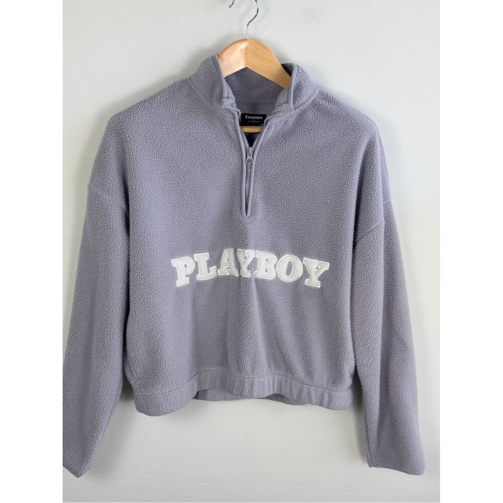 Playboy PacSun Cropped Sherpa Quarter Zip Pullover Gray Lavender Medium Cozy Y2K